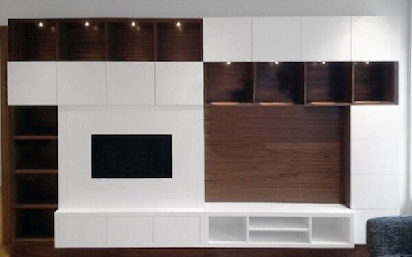 White and walnut media wall